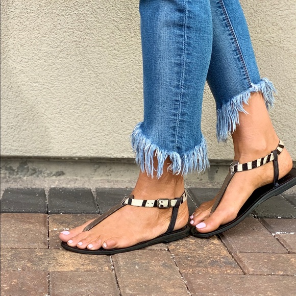 Last One!Leather Pony Hair Strap Distressed Sandal - Picture 7 of 8